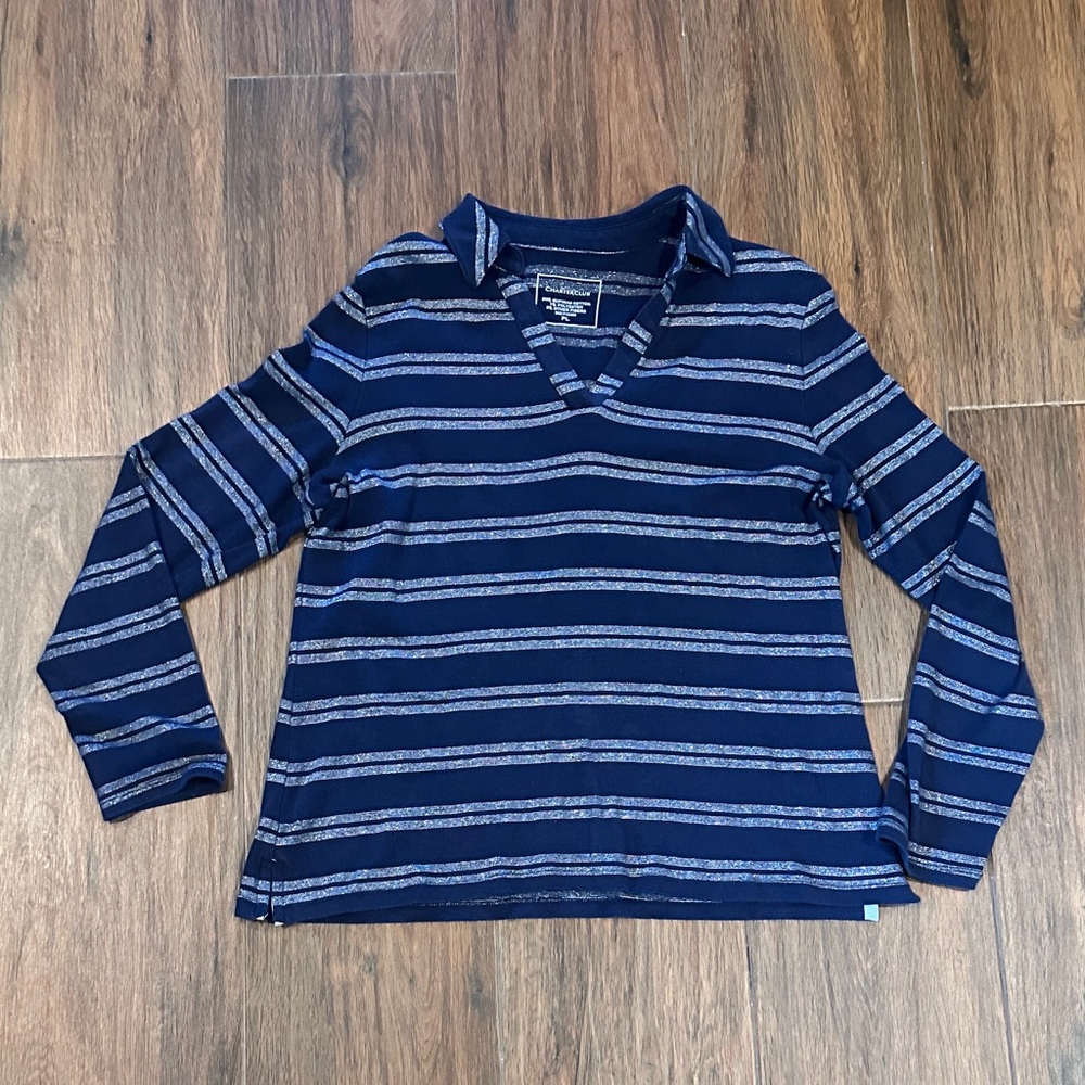 Womens Navy and Silver Striped Long Sleeve Top